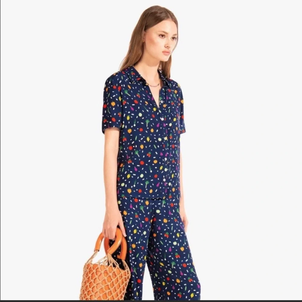 STAUD Navy Floral Print MATCHING SET with Multicolor FRUIT Accents